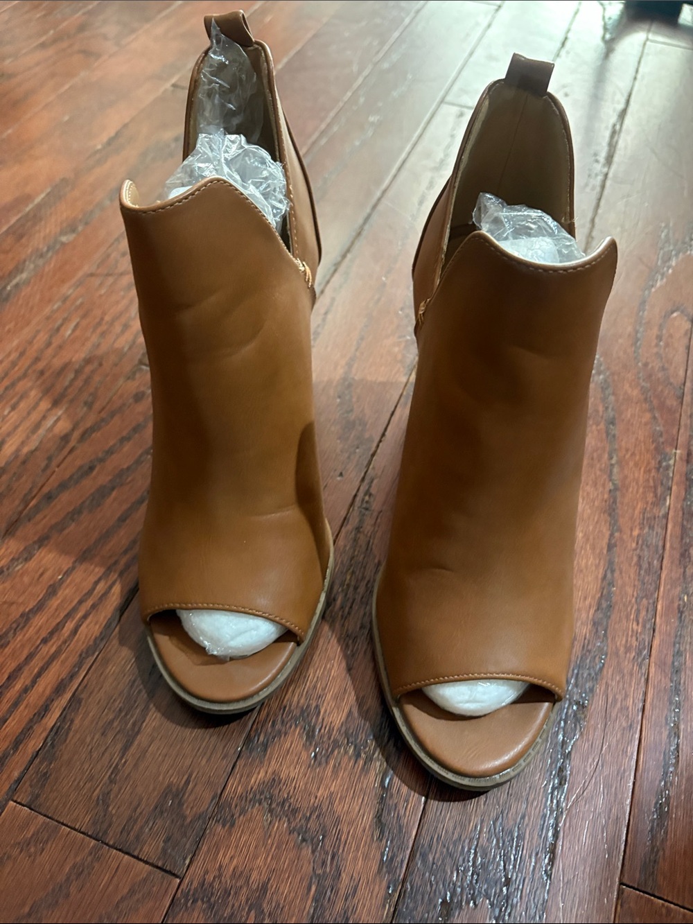 Pink Lily Tan Open-Toe Ankle Booties